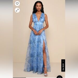 Lulu’s Garden of Passion Blue Floral Print Organza Maxi Dress NEW